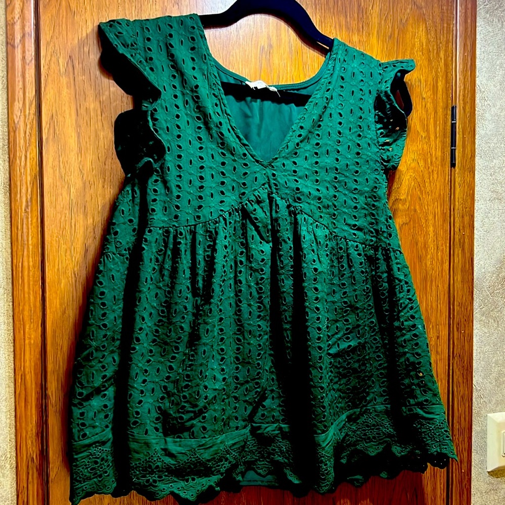 Emerald Green Eyelet Lace  Empire Cut Blouse Cotton Fully Lined Size Large